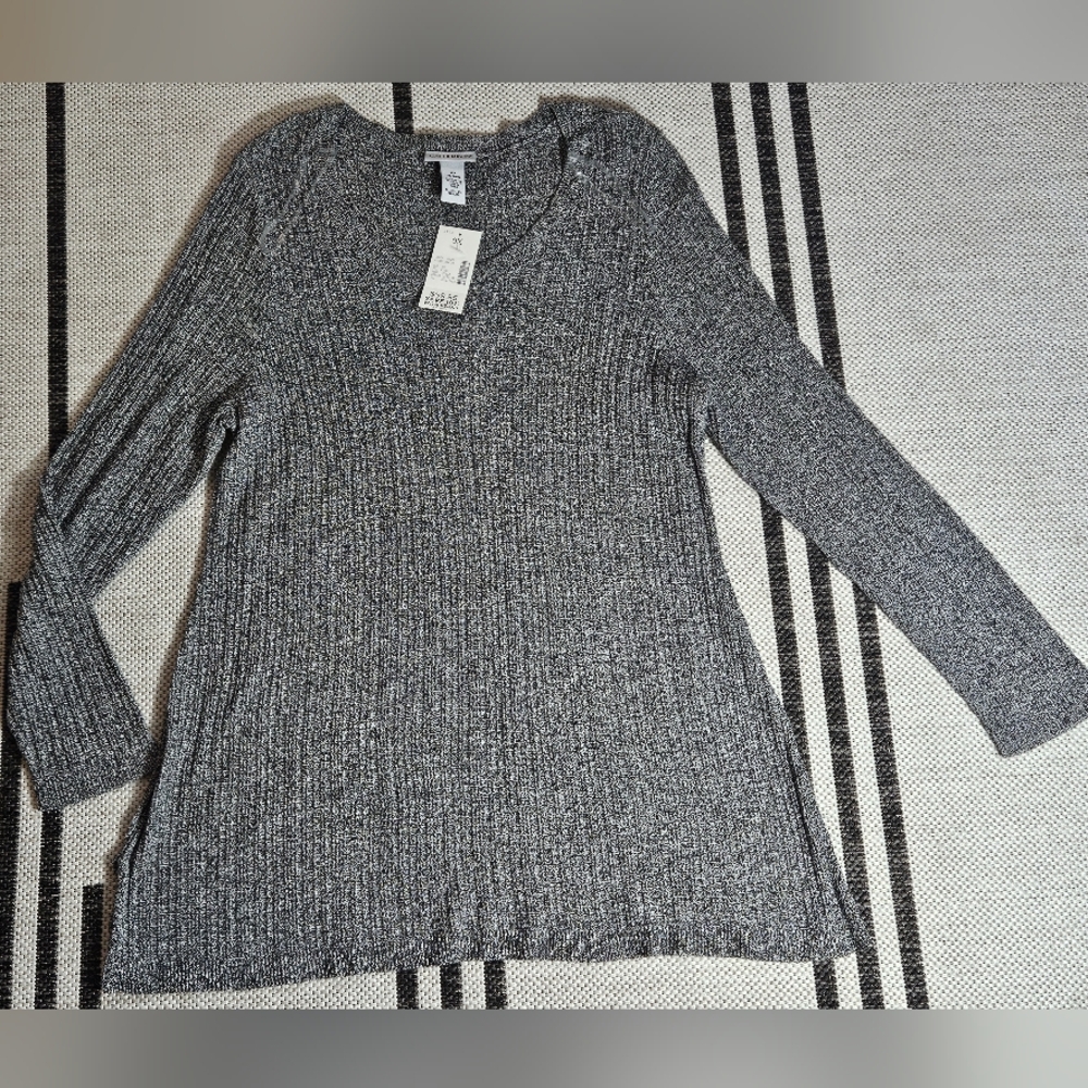 Catherines Gray Ribbed V-Neck Long Sleeve Sweater